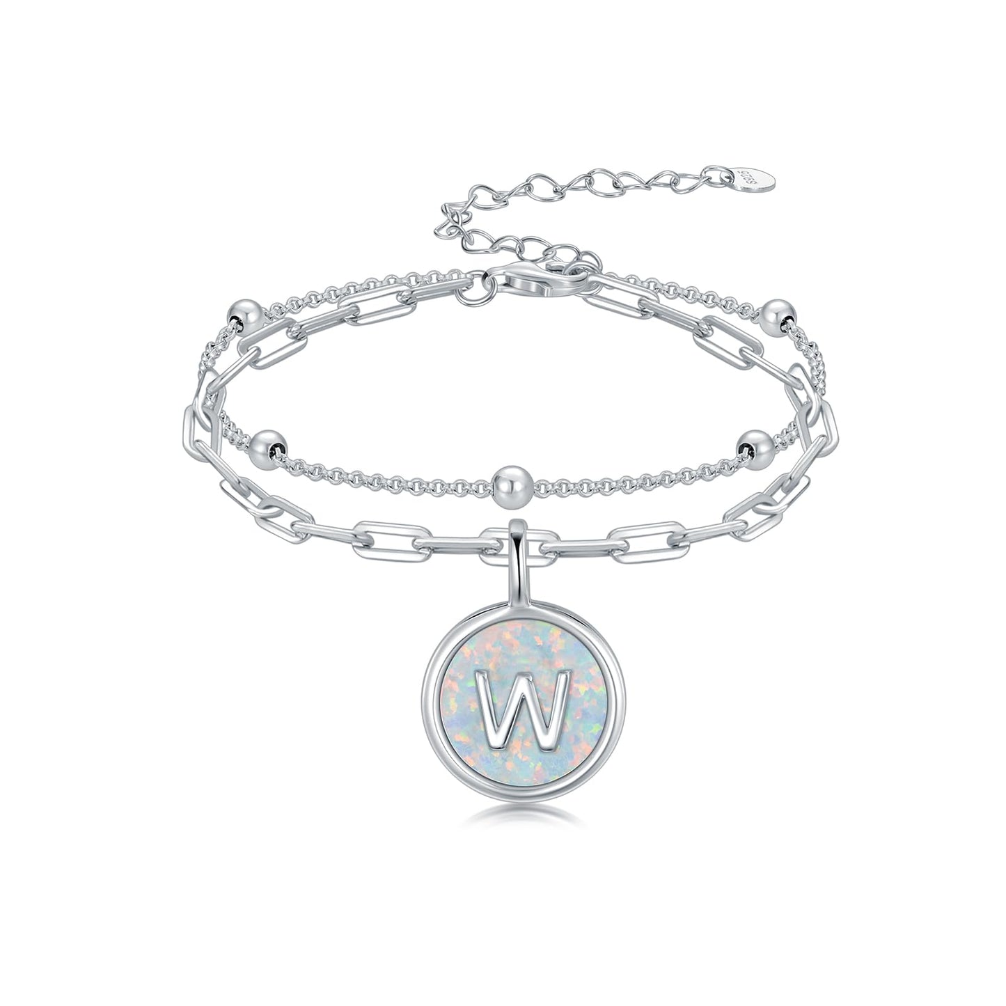 LWQQWL Initial W Bracelet for Women 925 Sterling Silver Layered Initial Bracelet Opal Letter 26 Alphabet Jewelry Christmas Gifts