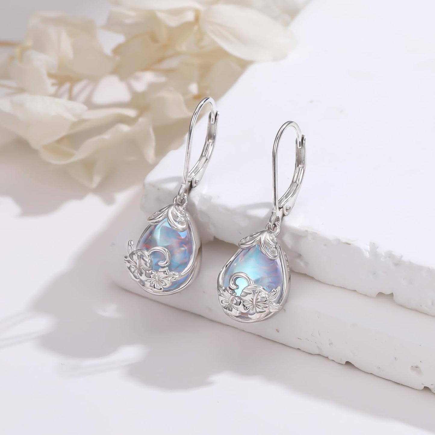 KoyeKei Hibiscus Earrings for Women 925 Sterling Silver Hibiscus Flower Hawaii Moonstone Dangle Drop Leverback Earrings Hawaiian Jewelry Graduation Birthday Gifts for Girlfriend Her Lover