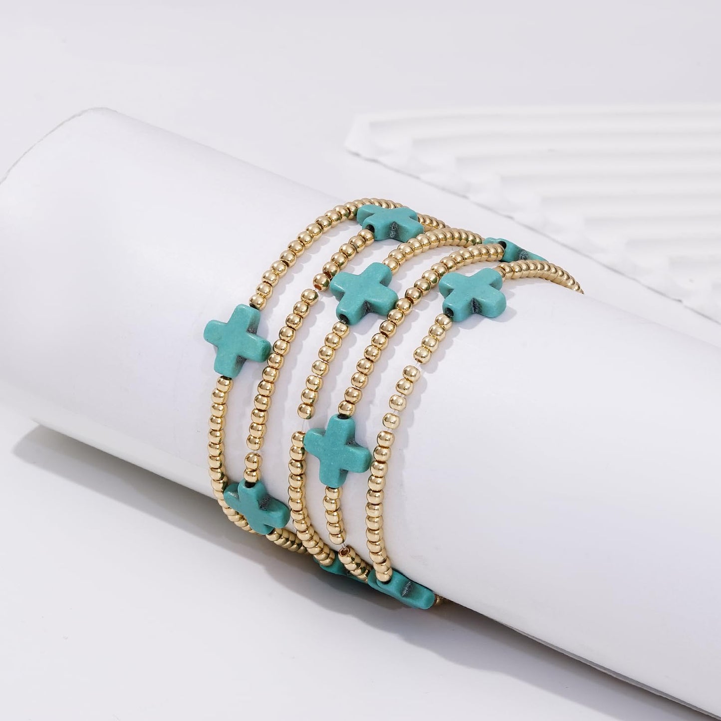 Sajidos Gold Plated Beaded Bracelets for Women Trendy, 14K Gold Plated Stack Cross Pearl Bead Stretch Bracelets Set Elastic Hypoallergenic Bracelets Jewelry Gifts (style14)
