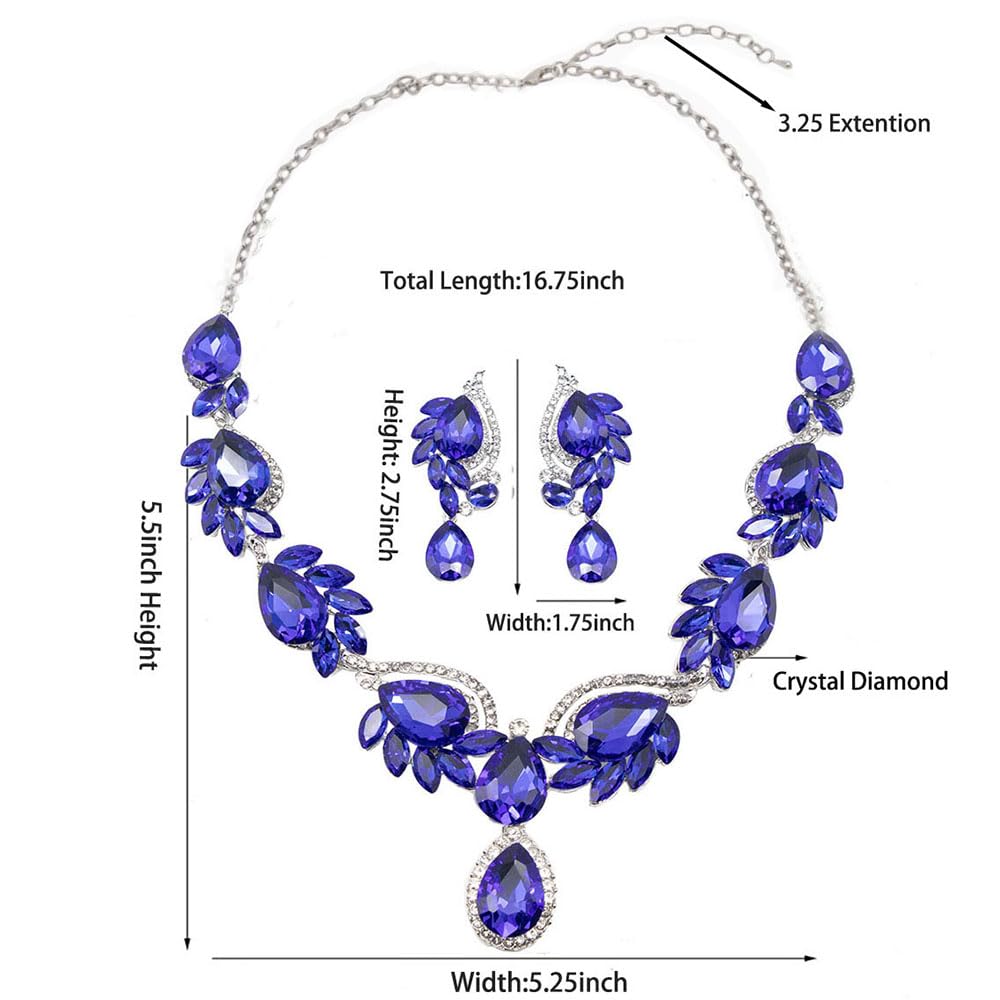 Qlavoca Elegant Crystal Jewelry Set for Women Teardrop Rhinestone Necklace and Dangle Earrings Set for Bridal Evening Prom Jewelry (Royal Blue)