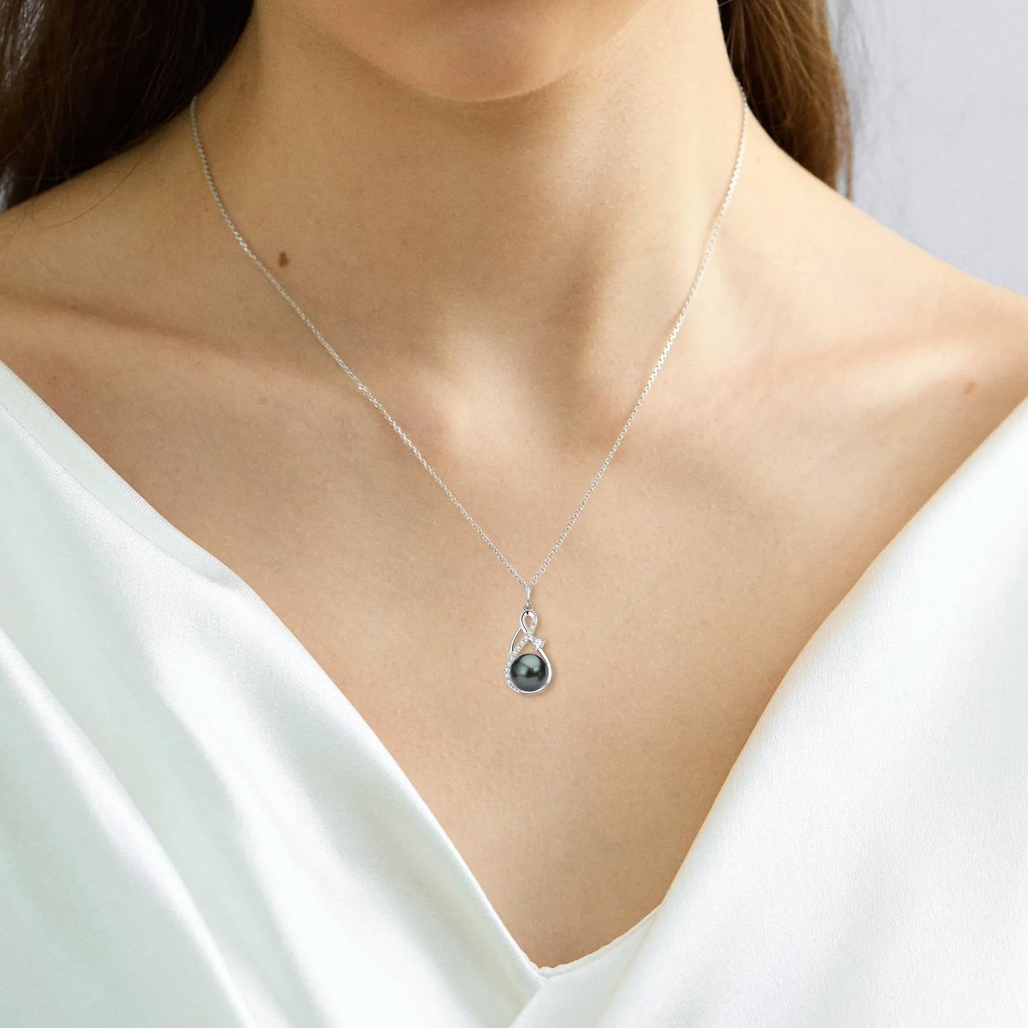 DENGGUANG Genuine Tahitian Black Pearl Necklace for Women, Sterling Silver Infinity Pearl Pendant Necklaces with Moissanite, Anniversary Birthday Mothers Day Jewelry Gifts for Mom Wife