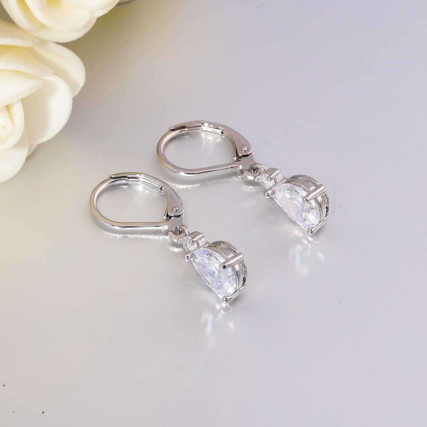 CiNily Leverback Dangle Earrings for Women 14K White Gold Plated Drop Earrings White Cubic Zircon Fashion Teardrop Hoop Earrings Hypoallergenic Jewelry for Sensitive Ear