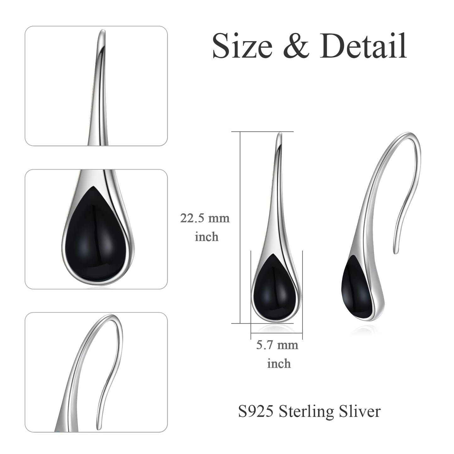 925 Sterling Silver Teardrop Earrings with Black Onyx, Hypoallergenic Pear-Shaped Dangle Drop Earrings for Women