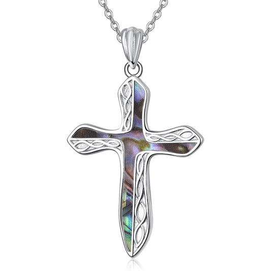 Dreamboat Sterling Silver Cross Necklace for Womens Cross Pendant Faith Christian Jewelry Abalone Shell Celtic Necklace Confirmation Religious Gifts for Mom