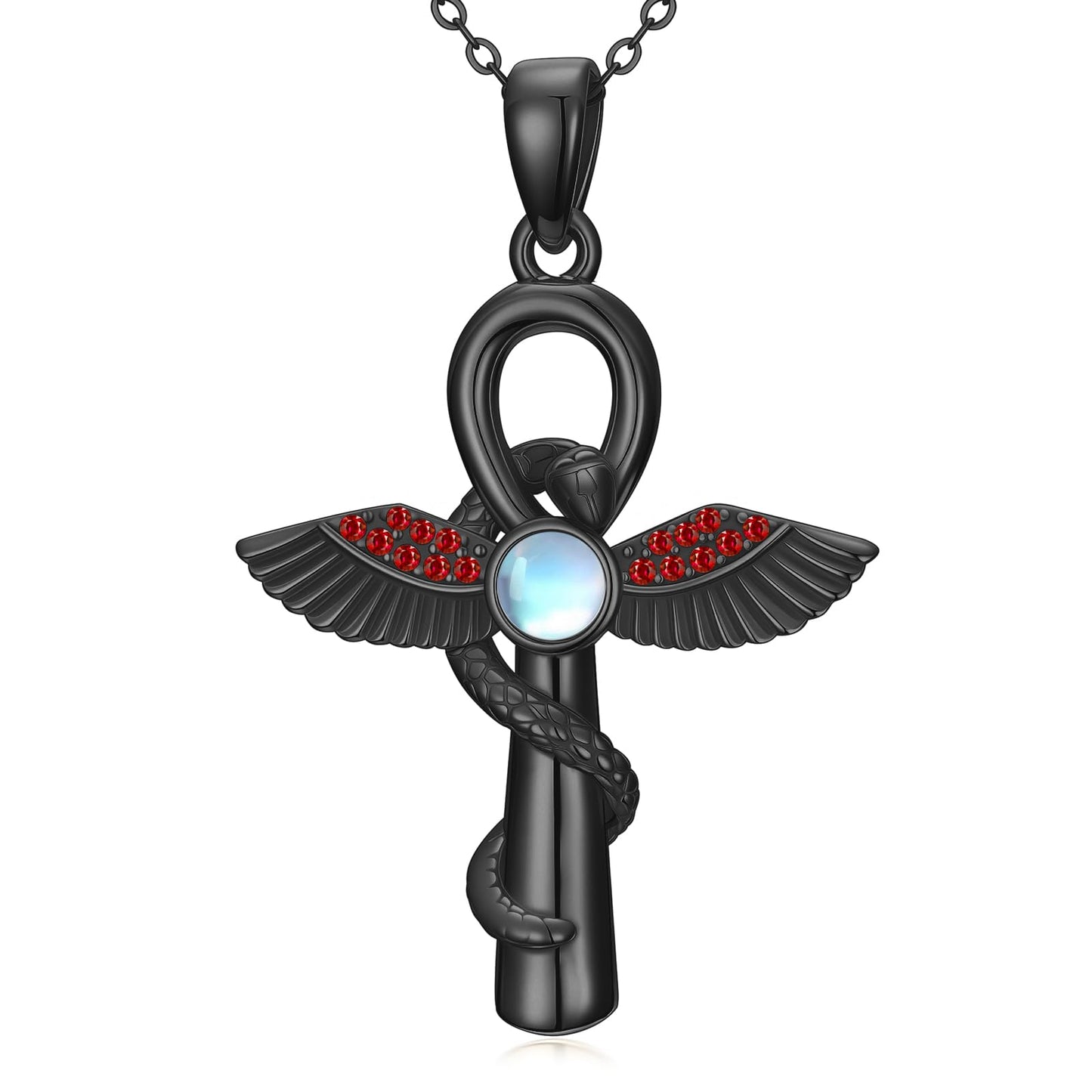 YEESIA Cross Necklace for Men and Women, 925 Sterling Silver, Black Anka Cross Pendant Necklace with Moonstone, Egyptian Protective Jewelry Gift for Men and Women