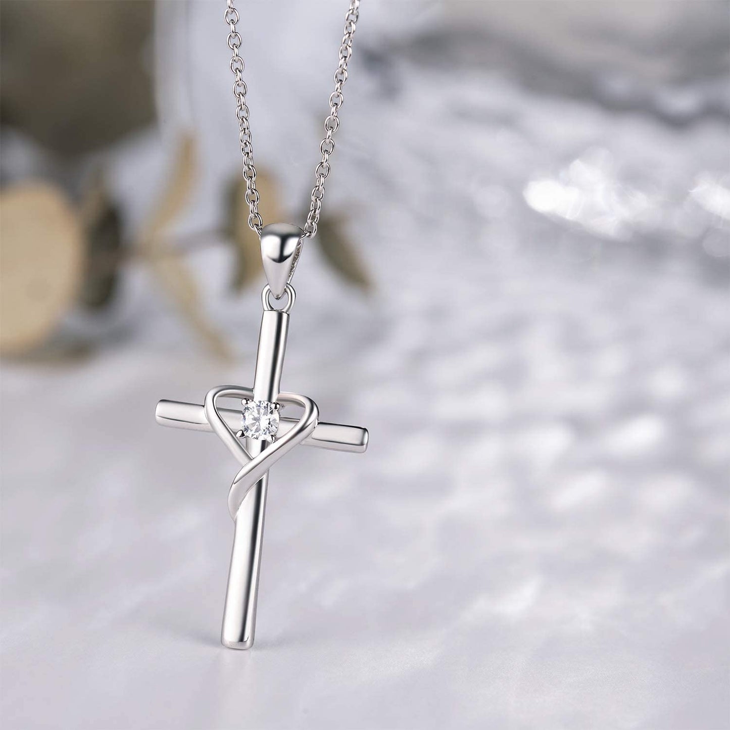 AmorAime 925 Sterling Silver Cross Necklace for Women Men 14K Gold Plated 5A CZ Birthstone Necklaces for Holiday (DD.white-CZ-April)