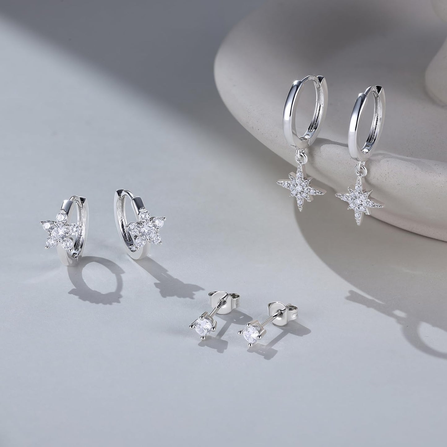 3 Pairs 925 Sterling Silver Earrings Set for Women, Hypoallergenic Silver Huggie Hoop Star Earrings Trendy, Cubic Zircon Studs Cartilage Silver Earring Stacks, Jewelry for Women Gifts