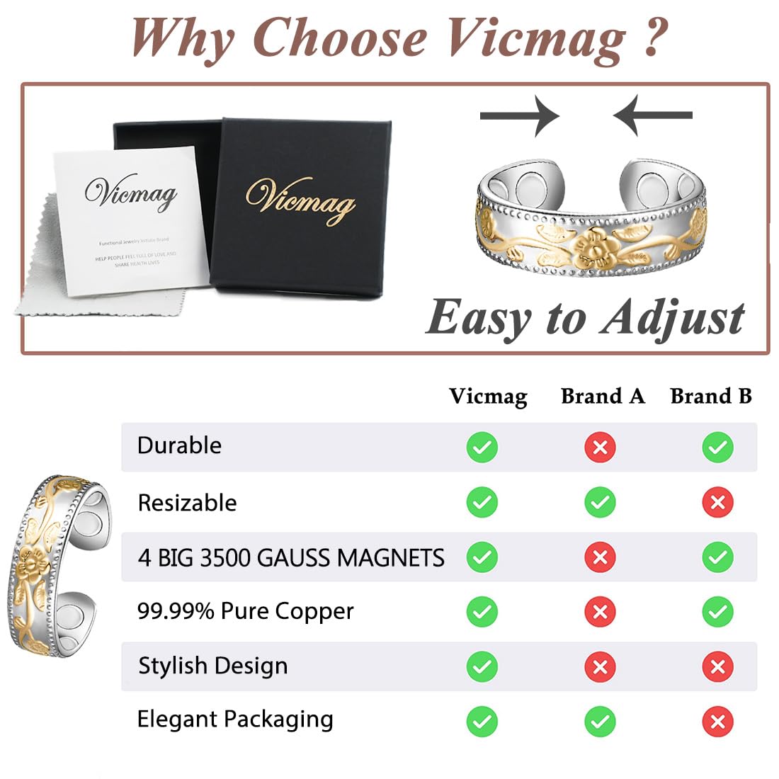 Vicmag Copper Magnetic Rings for Women, Magnetic Ring Ladies Fingers Thumb 100% Solid Pure Copper Gift Adjustable (Golden Flower)