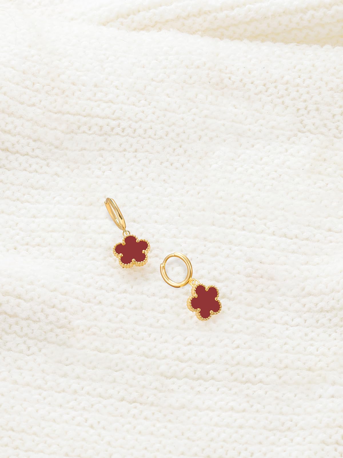 Gold Plated Five Leaf Clover Dangle Earrings for Women Lucky Flower Jewelry (Burgundy-14K Gold Plated)