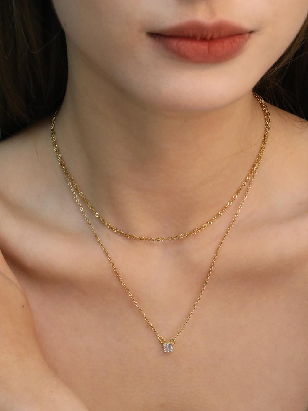LUXU kisskids 2-Piece Layered Necklace for Women, Dainty Choker & CZ Pendant Necklace, 14K Gold Plated Stainless Steel, Adjustable Trendy Jewelry Gift Set