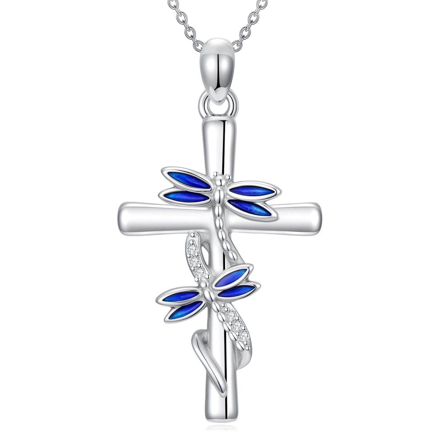 YYB Cross Necklace for Women 925 Sterling Silver Dragonfly Necklace Dragonfly Cross Pendant Valentine's Day Gifts for Women