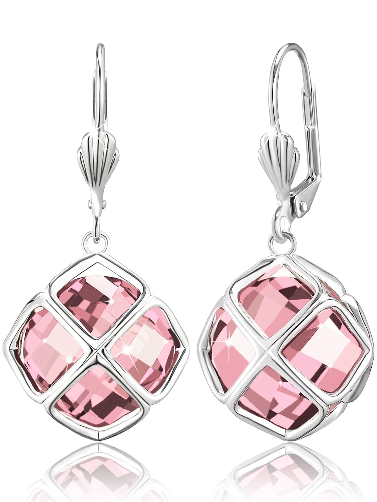 Big Rose Quartz Crystal Dangle Earrings for Women (Oct-Pink-White Gold)