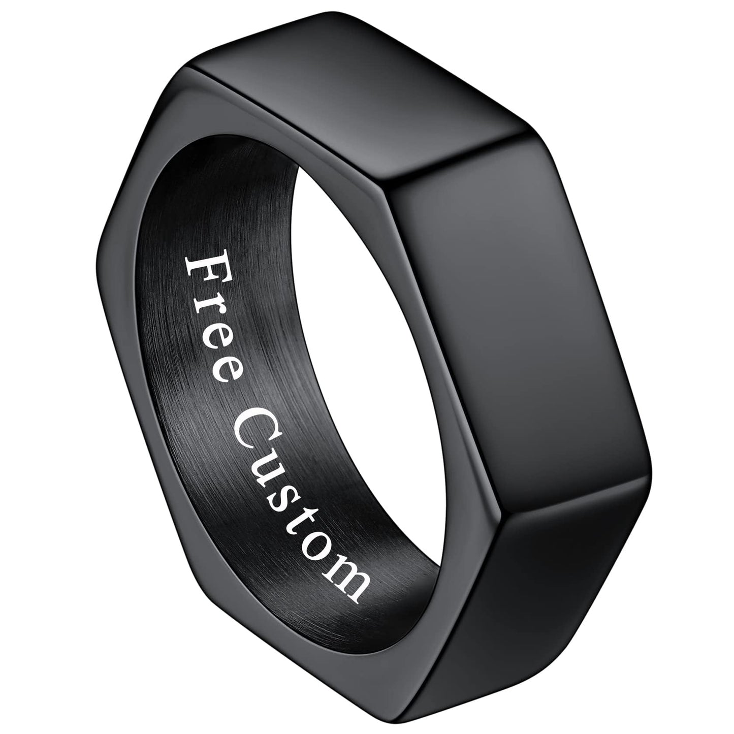 ChainsHouse Personalized Engravable Stainless Steel Black Hexagon Geometric Biker Ring Bands, Size 14