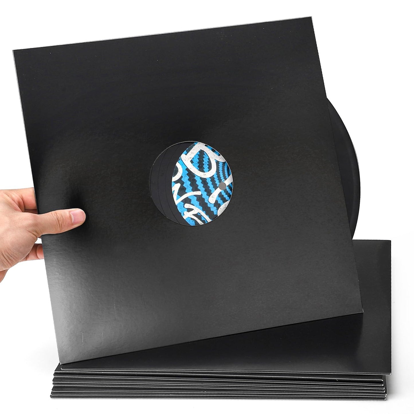 Facmogu 10PCS 12in Vinyl Record Sleeves, 350gsm Heavyweight Cardboard Record Jacket with Hole, LP Vinyl Album Covers Jackets for 33 RPM, Anti Static Record Storage Protector Cover - Glossy Black
