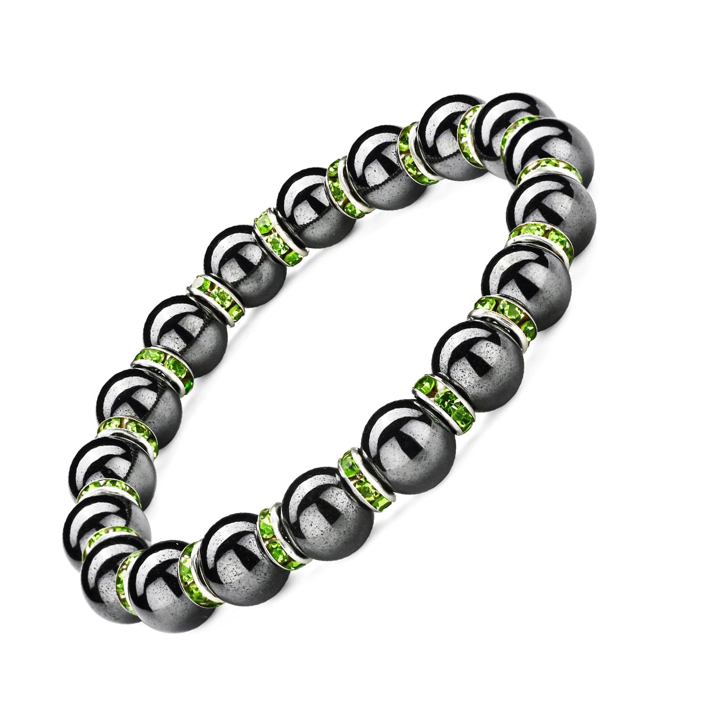 Apocalyptic-K Women's Magnetic Bracelet，Hematite Bracelets，Magnetic Bracelets With Zirconia,Handmade Stretch Bracelet，Eliminates static electricity. (Green Zirconia，8MM)