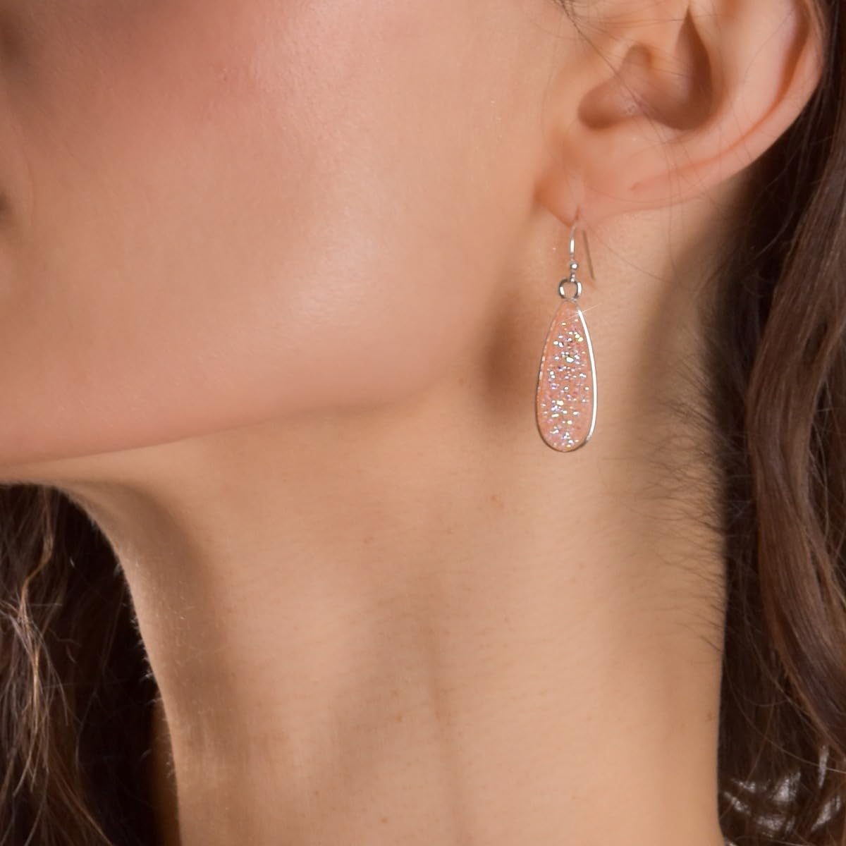 Pink Earrings for Women - Simulated Rose Quartz Earrings for Women, Silver Tone Long Dangles with Sparkly Simulated Druzy Stone, Dangling Teardrop Boho Dangle Drops, Elegant Dangly Tear Drop