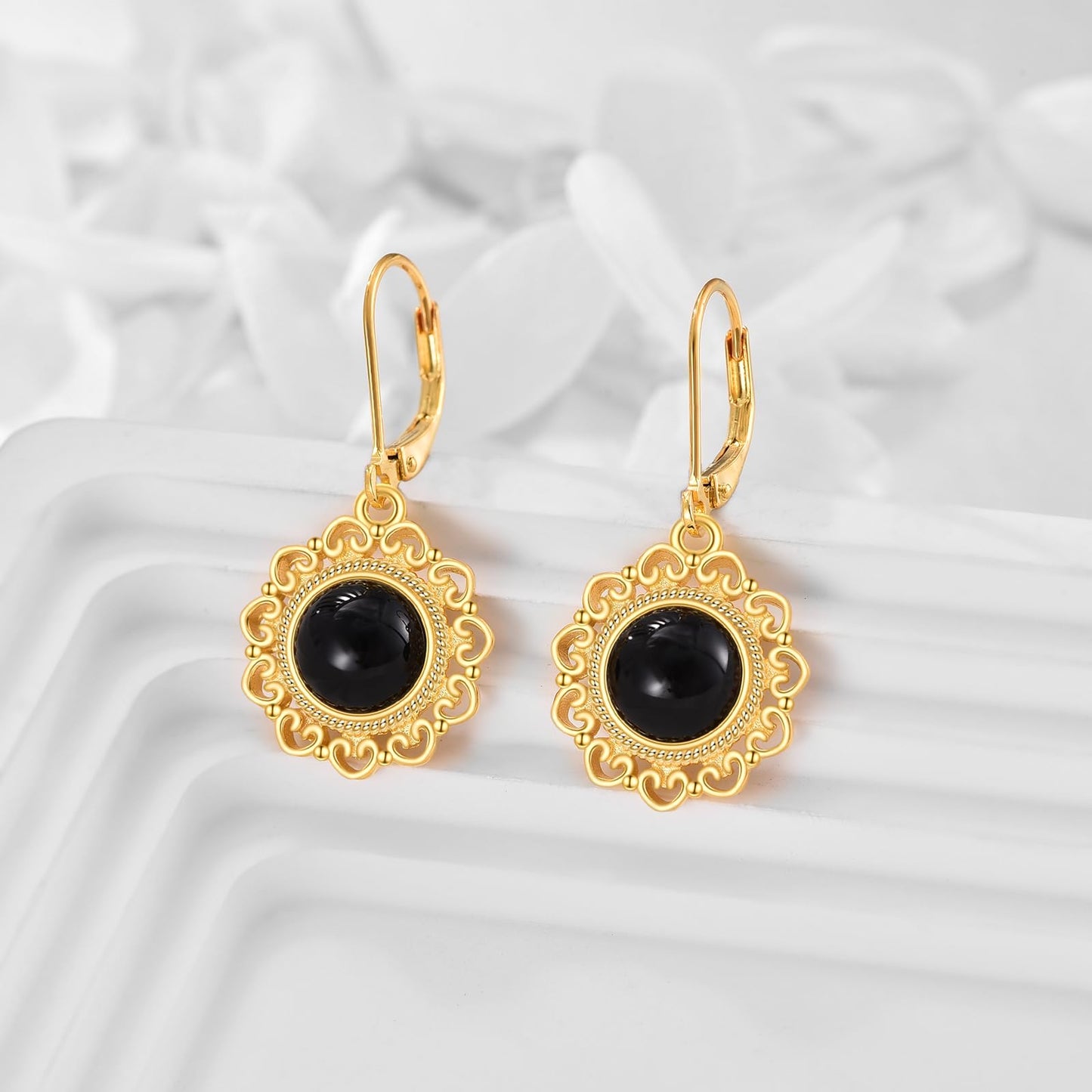 Black Onyx Dangle Drop Earrings Sterling Silver 18K Yellow Gold Plated Filigree Black Onyx Leverback Earrings