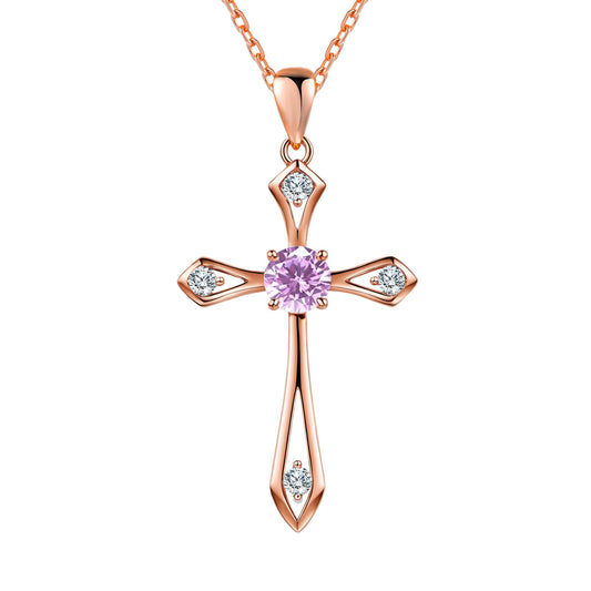 QUALISE Cross Necklace for Women,925 Sterling Silver Birthstone Necklace,Pink -October Birthstone Cross Necklace,Faith Religious Fine Jewelry Valentines Day Gifts Birthday Holiday Gifts for Her