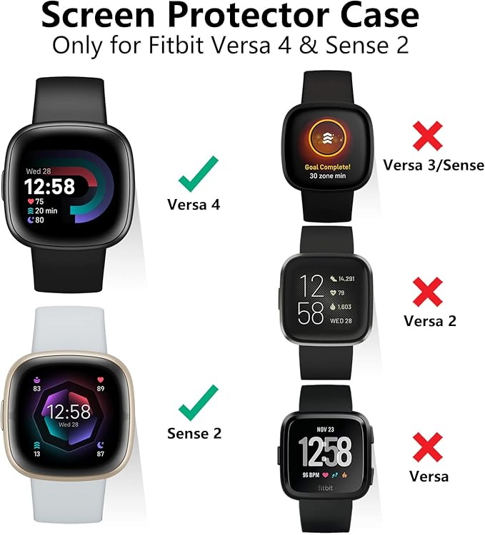 Vancle Case for Fitbit Versa 4 / Fitbit Sense 2, 4-Pack Screen Protector Tempered Glass Full Around Hard PC Case with Sensitive Touch Film Protective for Fitbit Sense 2 / Versa 4 (Black*4)