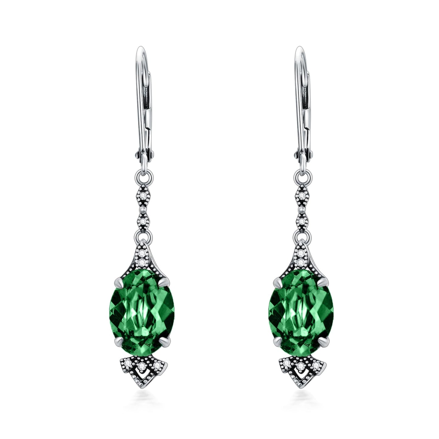 Vintage Emerald Green Earrings 925 Sterling Silver Retro Antique Looking Leverback Dangle Drop Earrings with Oval May Birthstone, Anniversary Jewelry Gifts for Women