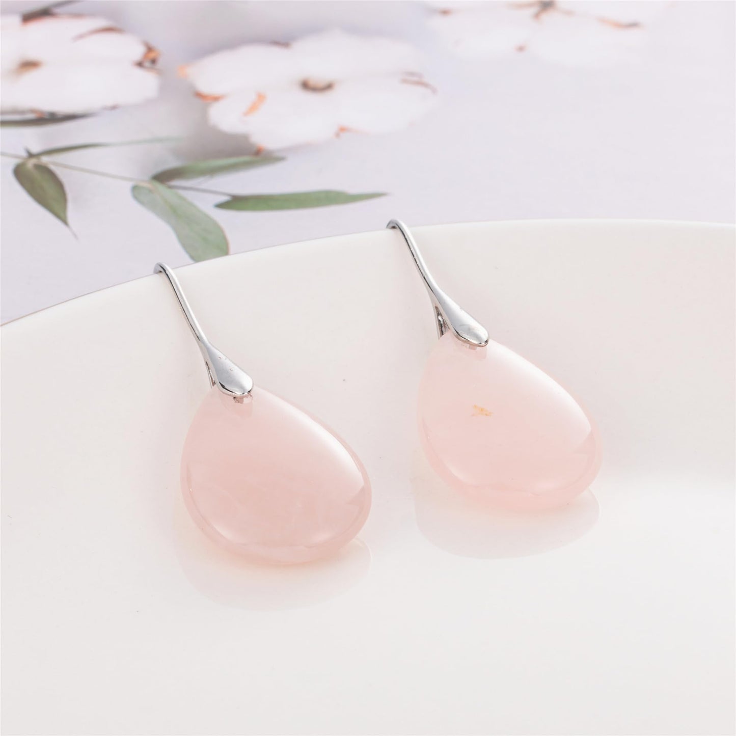 SELOVO Pink Agate Stone Fishhook Dangly Drop Earrings for Women Silver Tone