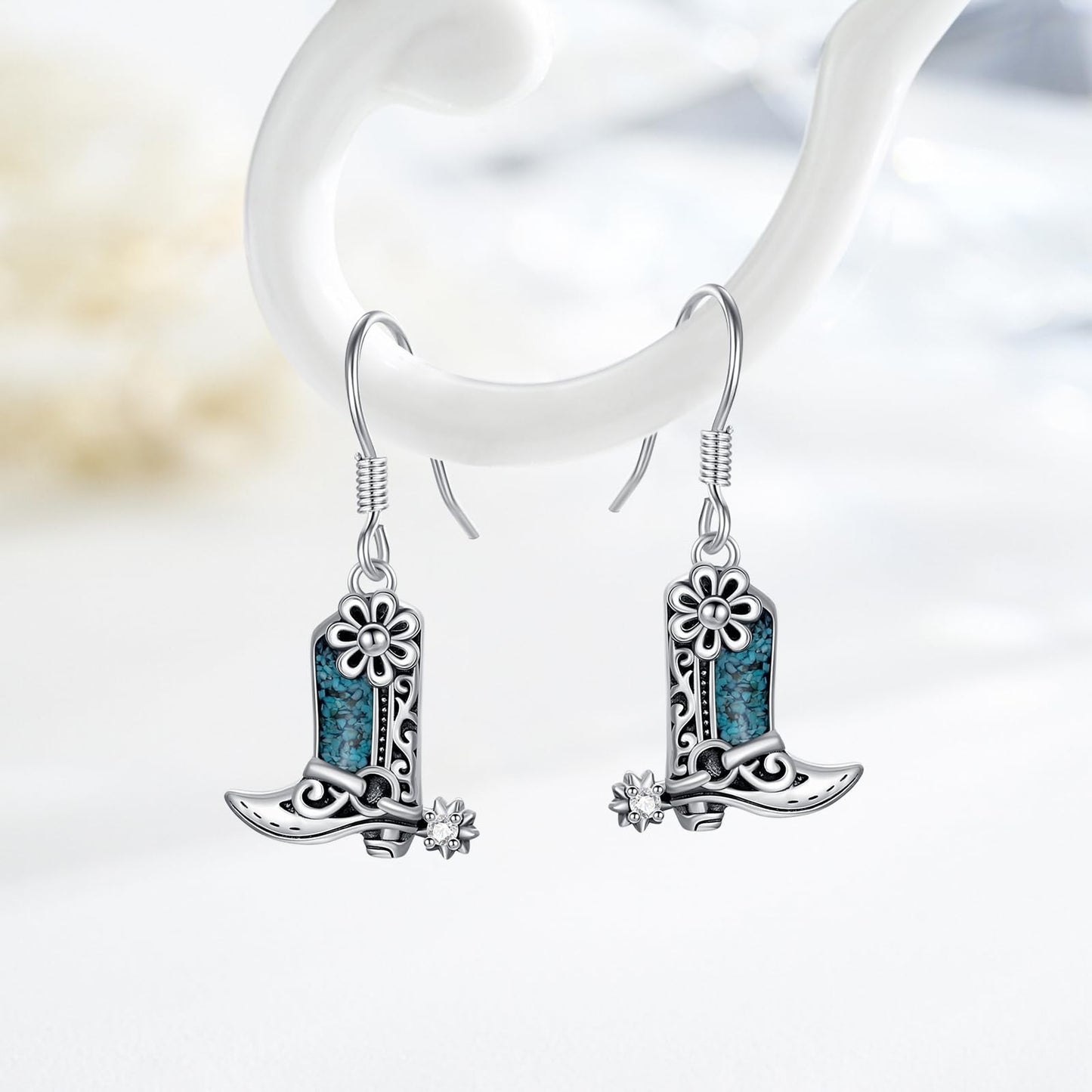KoyeKei Cowgirl Boot Earrings 925 Sterling Silver Cowboy Texas Boot Dangle Drop Earrings Western Turquoise Cowboy Carter Jewelry Country Graduation Gifts for Women Her