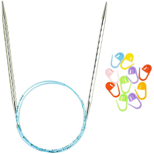 addi Rocket 2 Squared Ergonomic 24-inch (60cm) US 6 (4mm) Circular Knitting Needle, Textured Finish, Rounded Edges, Long Taper Sharp Tips, Blue Cord with 10 Colorful Stitch Markers