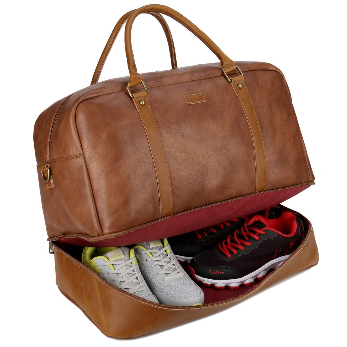 BAOSHA Vegan Leather Large Travel Duffel Tote Bag Carry On Weekender Overnight Bag With Shoe Compartment HB-38 (Brown)