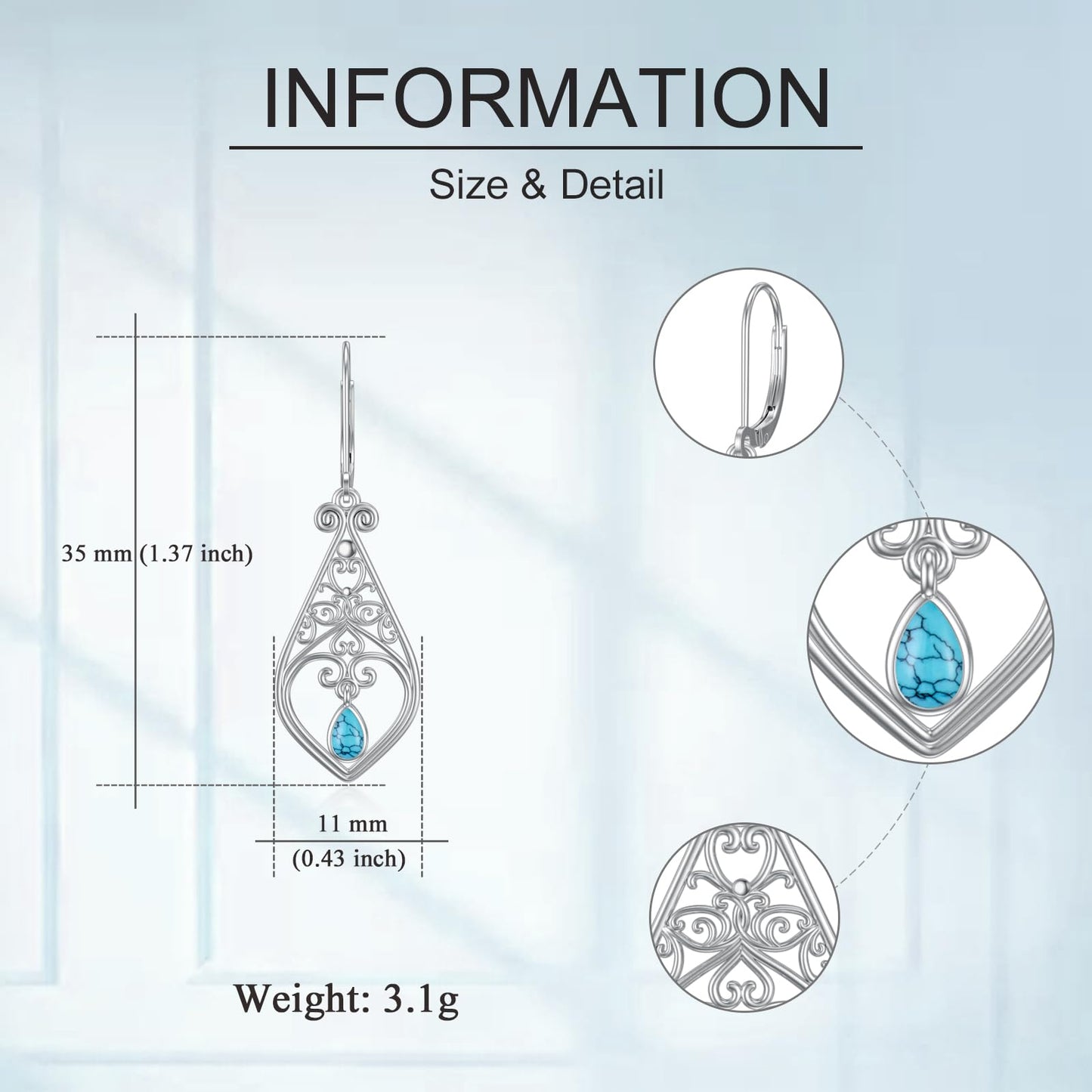 VONALA Filigree Earrings 925 Sterling Silver Turquoise Leverback Earrings Teardrop Dangle Dangling Drop Earrings Boho Jewellery Gift for Women