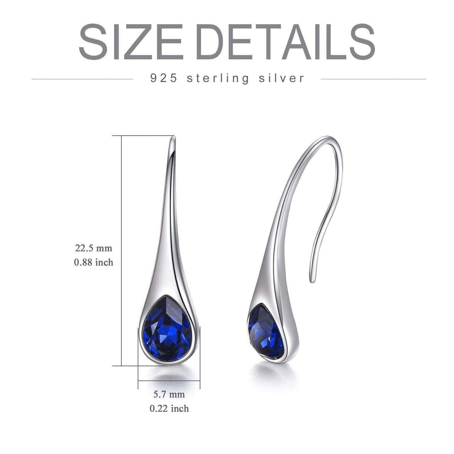 925 Sterling Silver Small Pear-Shaped Hook Earrings with Simulated Sapphire Birthstone Crystals from Austria, September Birthstone Jewelry Gifts for Women Wife Mom