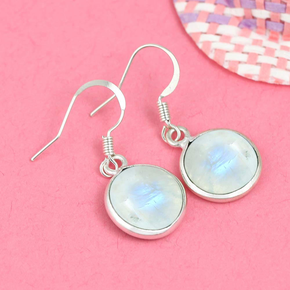 Natural Moonstone 925 Silver Plated Dangle Earrings for Women - Round Shape White Color Gemstone June Birthstone Handmade Jewelry Earrings - Anniversary Wedding Gift for Her