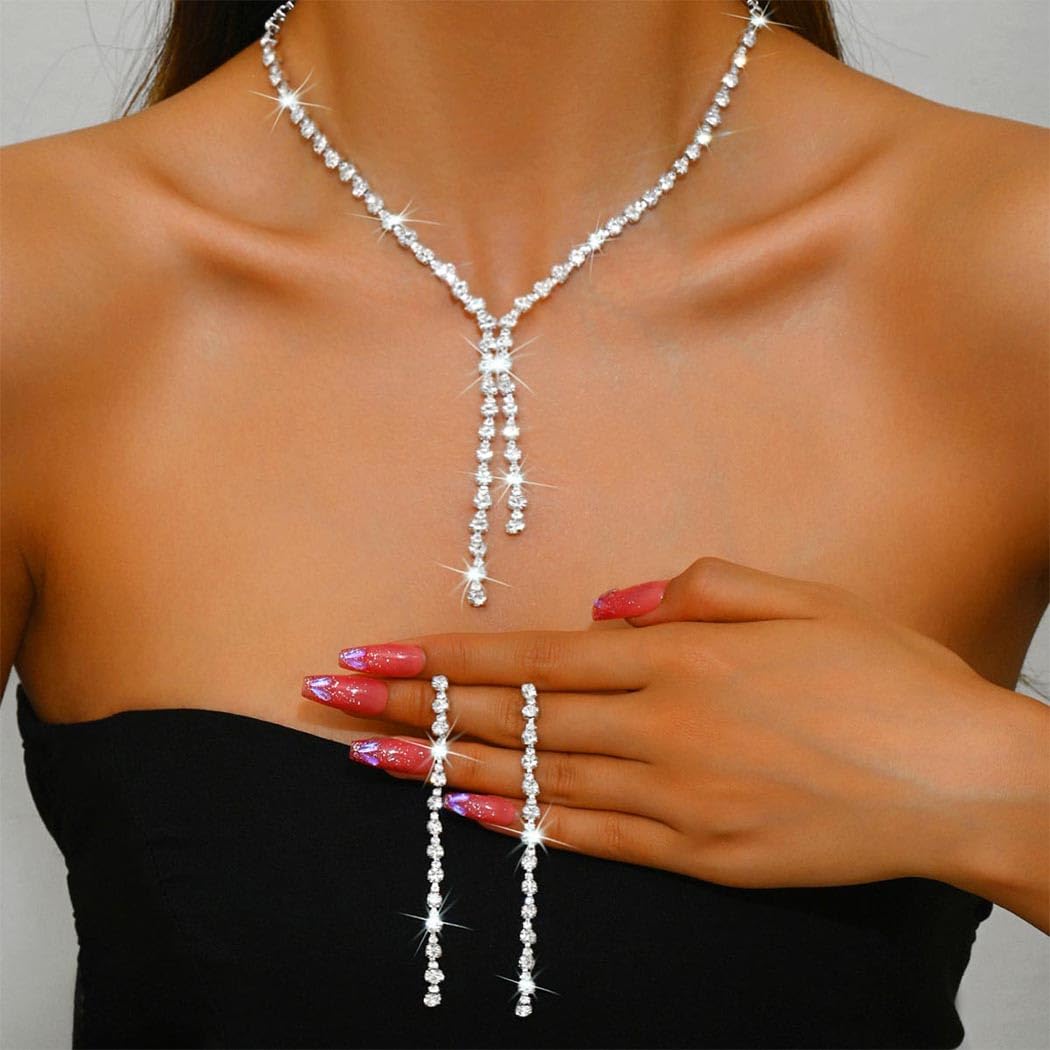 Unicra Silver Prom Jewelry Sets Rhinestone Necklace and Earring Set Bridal Wedding Jewelry for Women and Brides