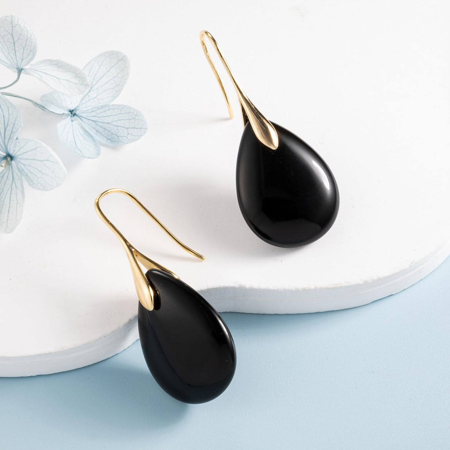 SELOVO Black Agate Teardrop Stone Drop Earrings Dangle Earrings Gold Tone