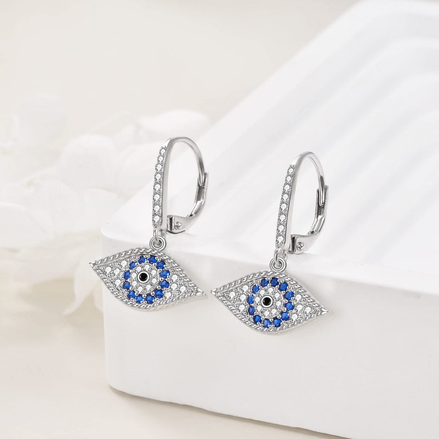 VONALA Evil Eye Earrings 925 Sterling Silver Leverback Dangle Earrings Turkish Blue Eye Drop Dangling Earrings Protection Jewelry Gift for Women