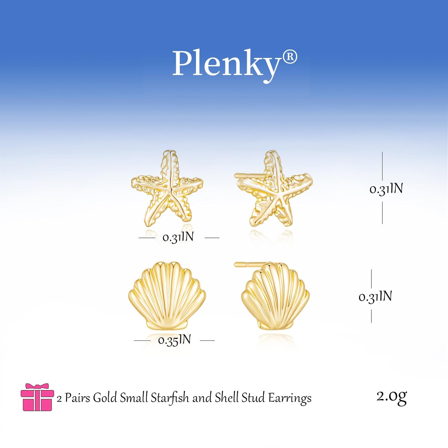 Plenky Gold Earrings for Women - 2 Pairs 14K Gold Plated Small Starfish and Shell Stud Earrings Set Beachy Jewelry for Women Gifts