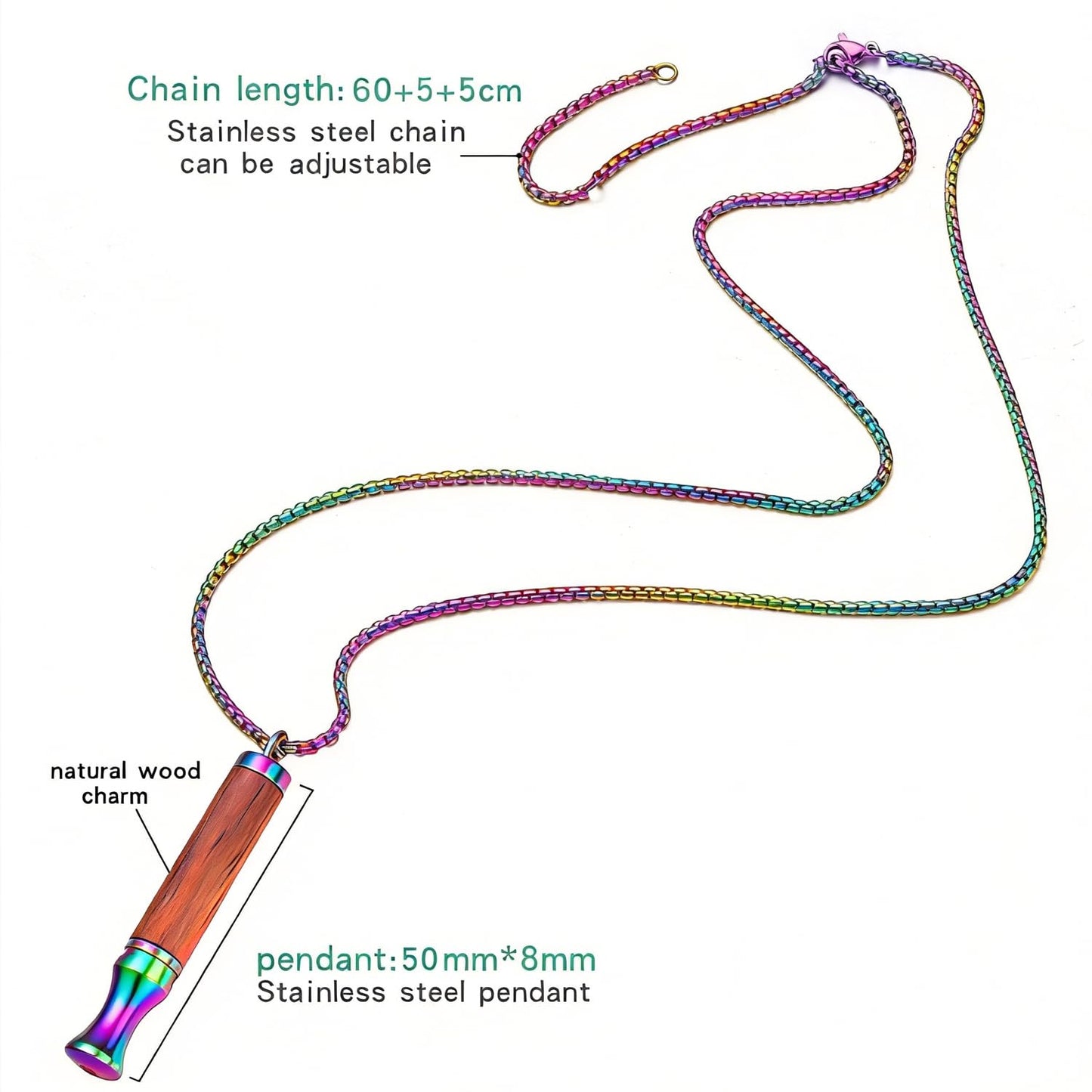 BOLAGTIER Mindful Breathing Necklace: Natural Wood Fidget Charm for Anxiety Relief & Quit Smoking Aid, Stainless Steel Sensory Pendant to Calm Your Mind (Rainbow)