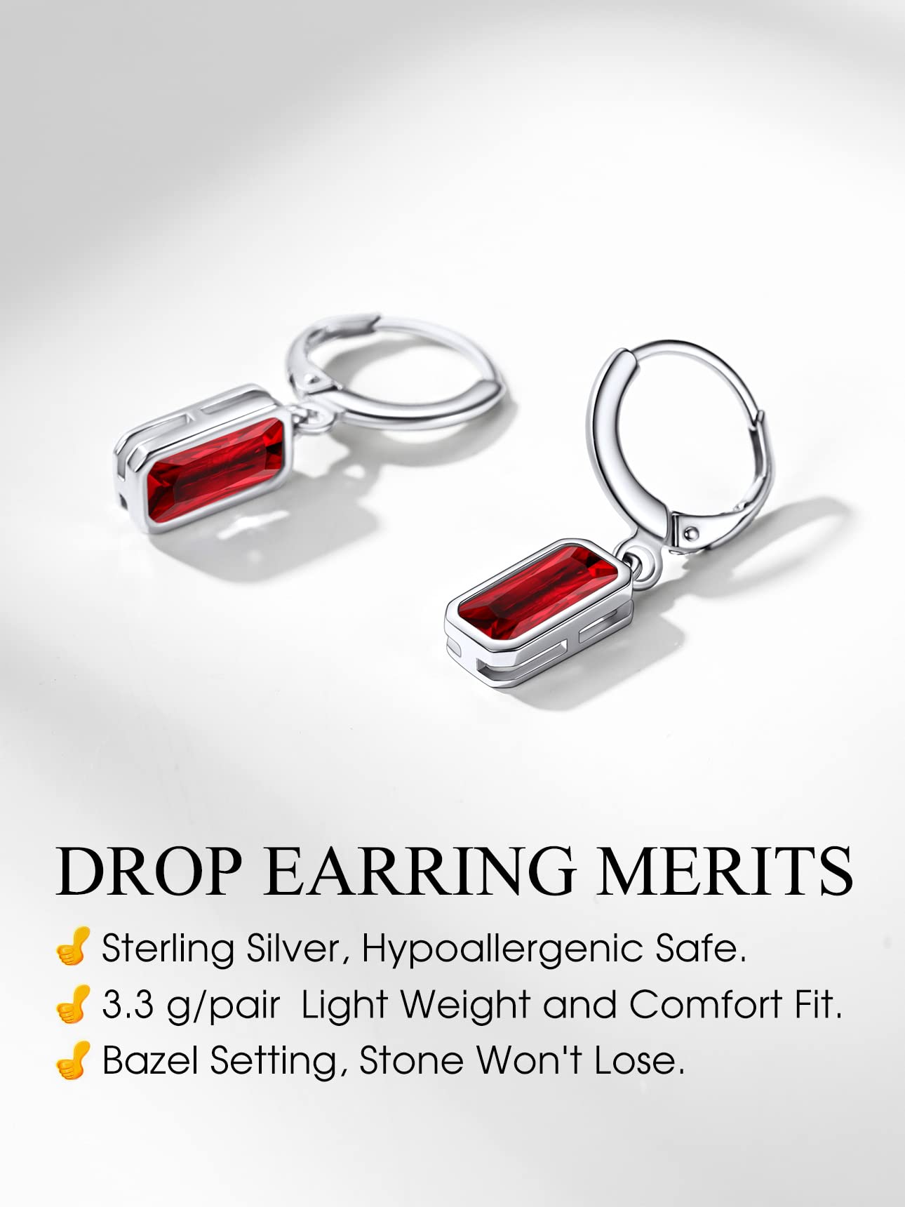 Bestyle Sterling Silver Rectangle January Birthstone Dangle Drop Earrings - Sparkle Garnet Red Earrings for Women Dangling -Small Silver Huggie Hoop Earrings For Women | Trendy CZ Huggie Earrings