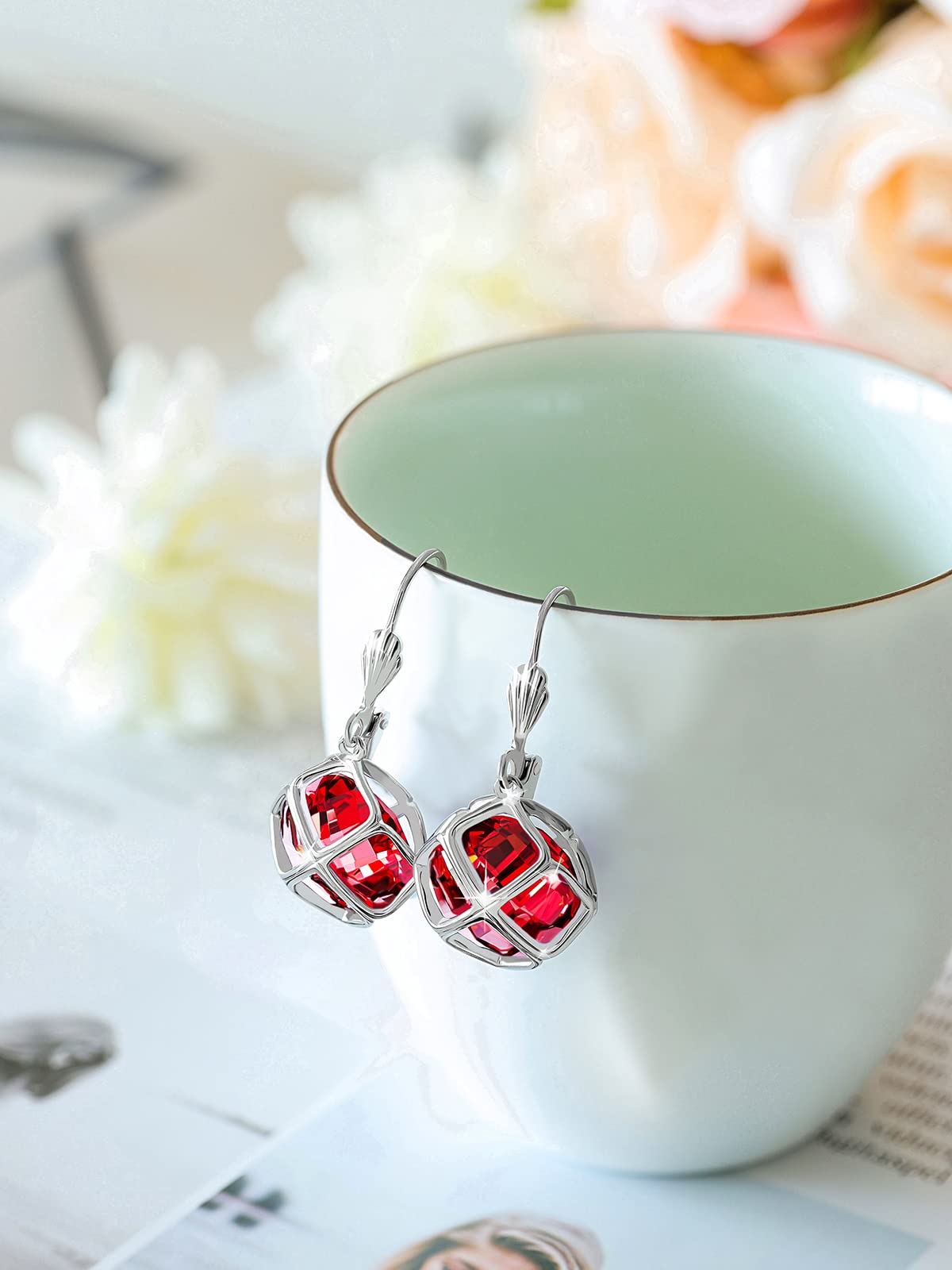 Big Dark Red Crystal Dangle Earrings for Women (Jan-Garnet-White Gold)