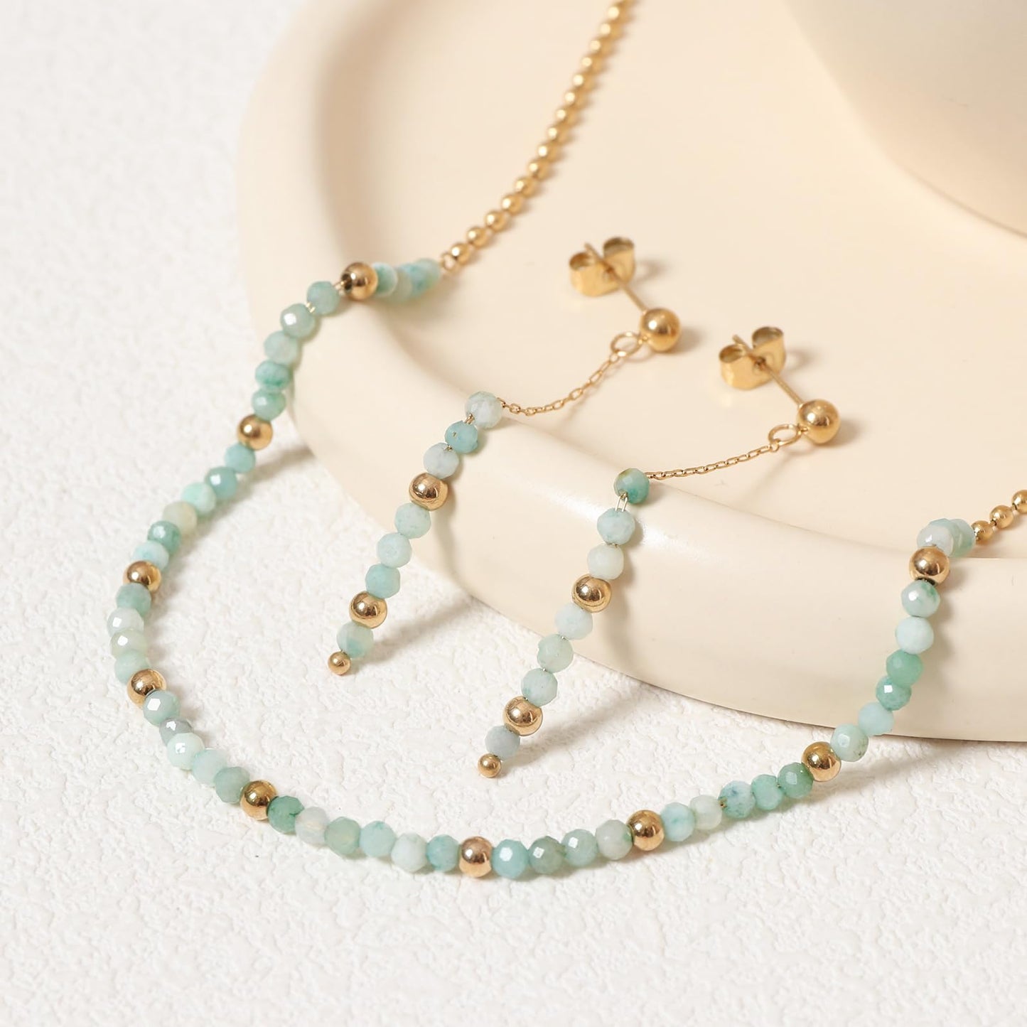 TaYolnFaSo Round Amazonite Beads Jewelry Set for Women 18K Gold Plated Amazonite Necklace and Earrings Set Gift for Her