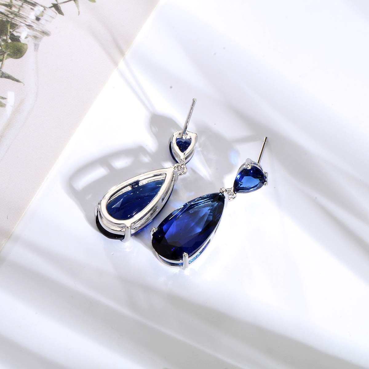 Mycitta Blue Sapphire Jewelry Set for Women - Sterling Silver Teardrop Cubic Zirconia Crystal CZ Necklace Earrings Set for Bride Bridesmaids Prom Party Formal Jewelry Set