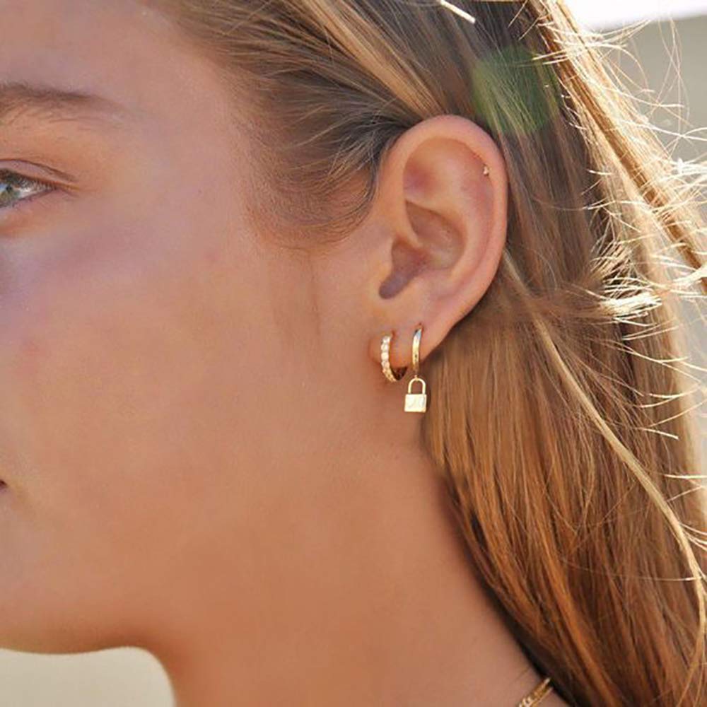 Small Hoop Lock Dangle Drop Hoop Earrings With Small Charm for Women Cute Cartilage Fashion 18K Yellow Gold Plated Vintage Elegant Dangling Jewelry