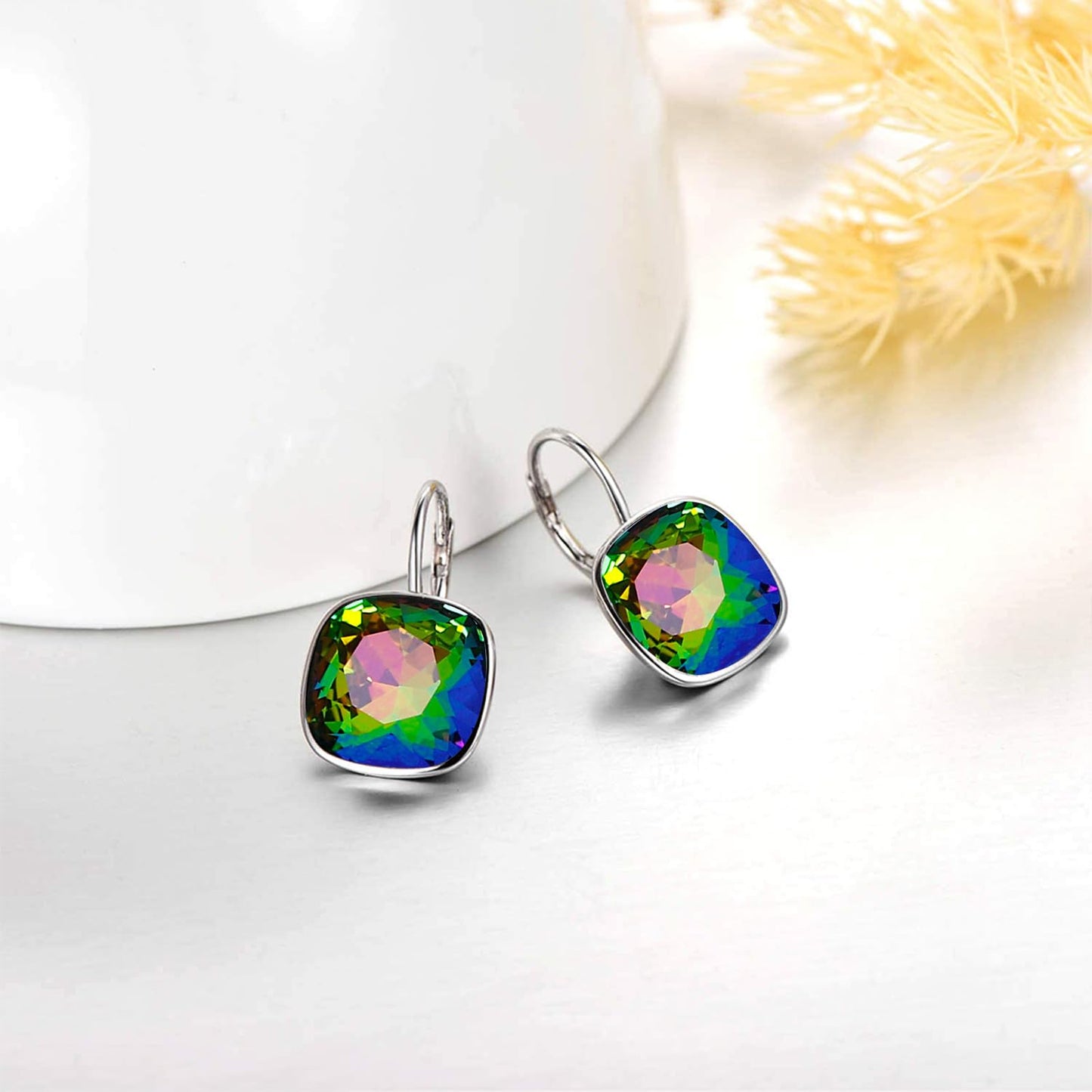 AOBOCO Sterling Silver Leverback Earrings Embellished with Crystals from Austria, Hypoallergenic Cushion Cut Square Crystal Earrings, Fine Anniversary Birthday Jewelry Gifts for Women (Colorful)