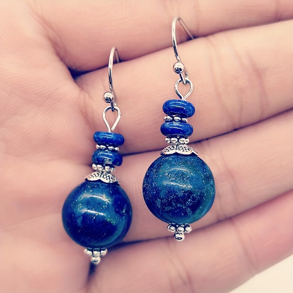 Turquoise Earrings for Women Double Lapis Lazuli Drop Earrings Natural Stone Round Bead Dangle Earrings Fashion Jewelry Gift (B-Lapis Lazuli)