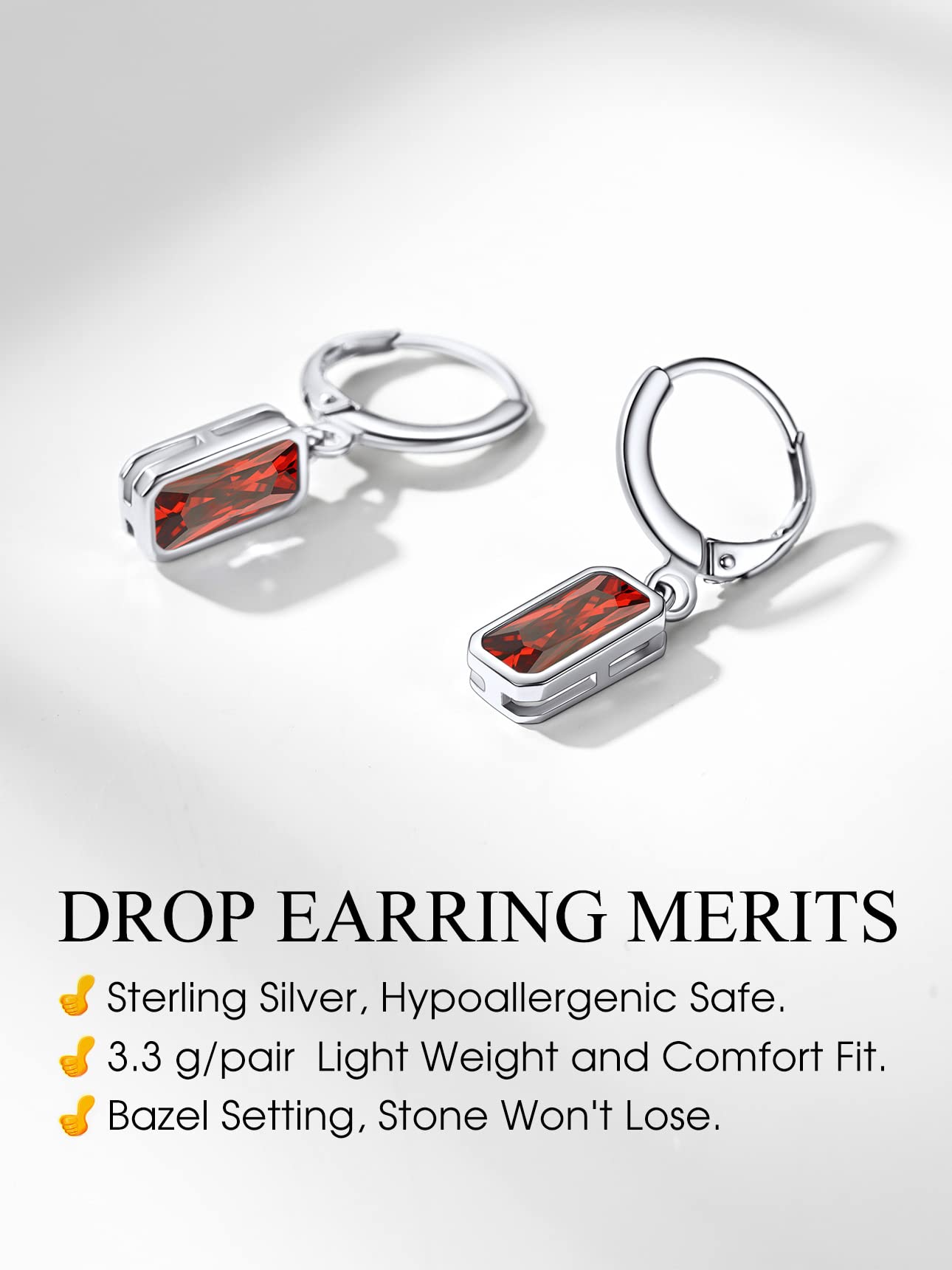 Bestyle Sterling Silver Rectangle July Birthstone Dangle Drop Earrings - Sparkle Ruby Red Drop Earrings for Women Dangling -Small Silver Huggie Hoop Earrings For Women | Trendy CZ Huggie Earrings