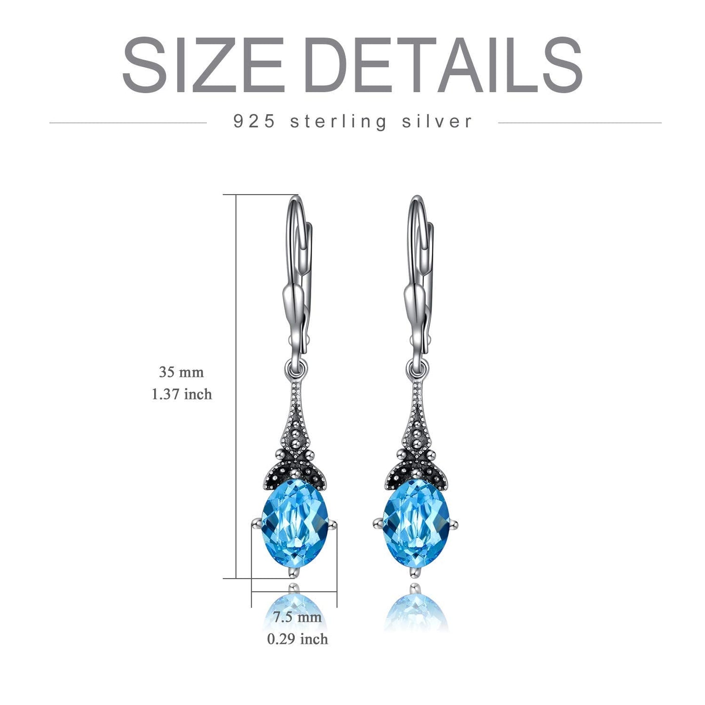 Leverback Drop Earrings Sterling Silver Retro Vintage Earrings with Oval Simulated Aquamarine, Crystal from Austria, Birthstone Earrings Gifts for Women