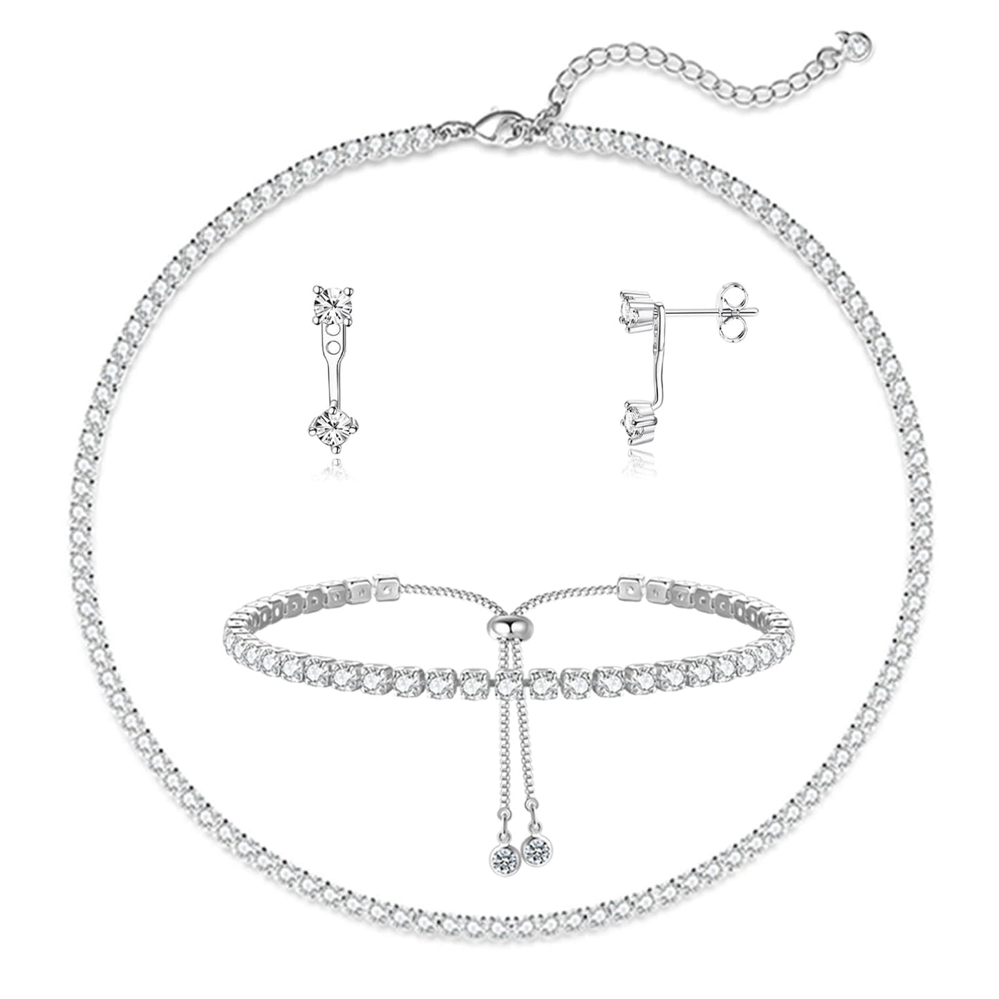 LULII Tennis Necklace Set for Women Dainty Sterling Silver Necklace and Earring Sets Diamond Stud Earrings Crystal Bracelets for Women Silver Jewelry Sets for Bride Wedding Gift