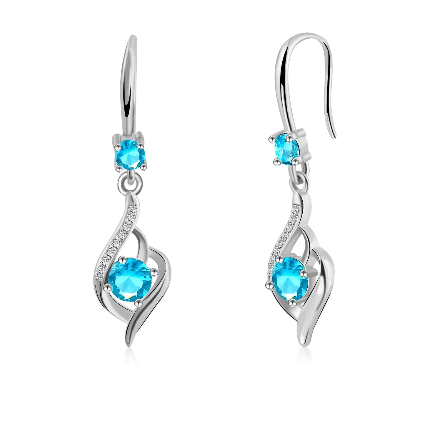 Heart Aquamarine Drop Dangle Earrings-925 Sterling Silver with Blue Crystals-Long Birthstone Jewellery for Women