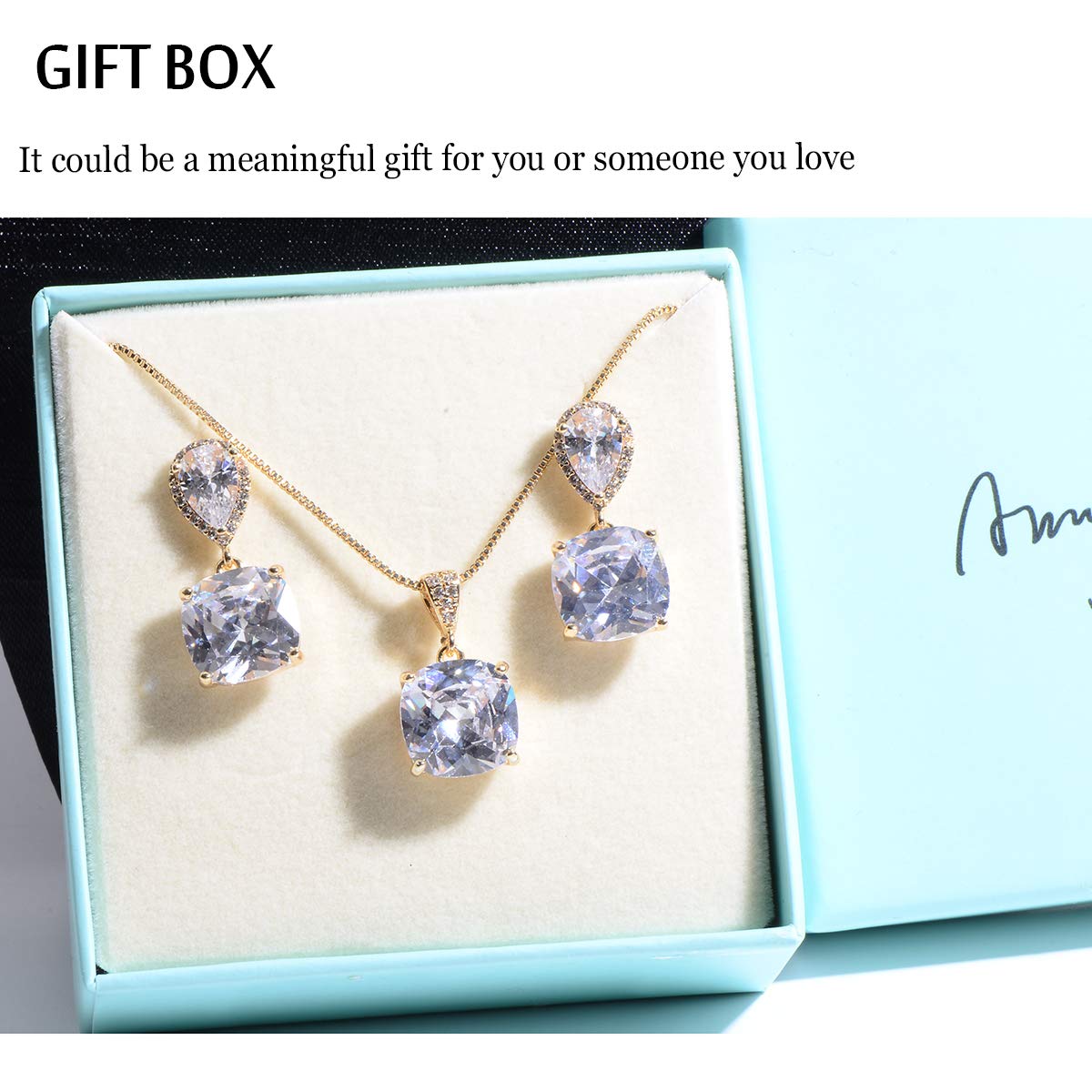 AMYJANE Jewelry Set - Women's Sterling Silver Square Teardrop Clear CZ Rhinestone Necklace and Earrings Set Bridal Jewelry Sets for Wedding Bride Bridesmaids Mother of Bride