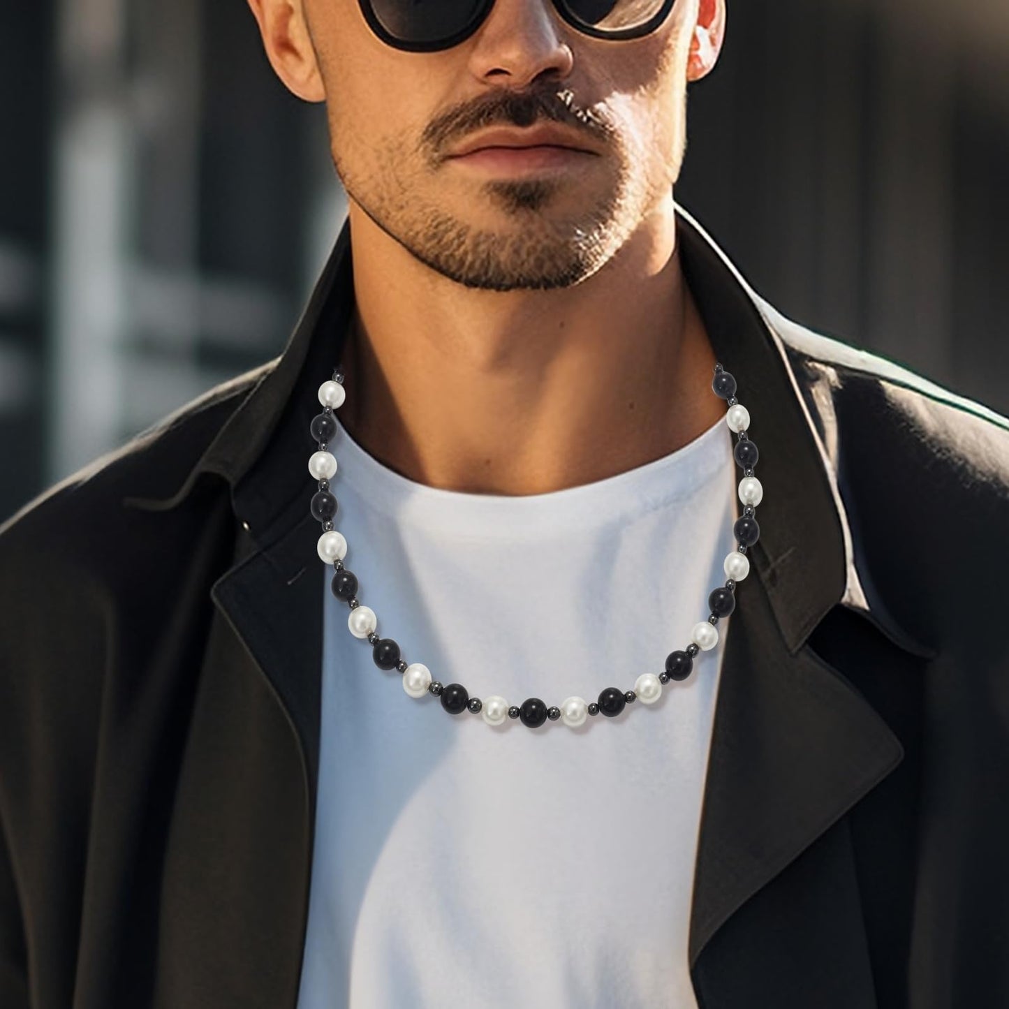 Pearl & Black Onyx Necklace Hematite Necklace10mm Pearl Crystal Handmade Choker Bead Necklace Gifts for Family Friends Men Women Unisex 20"