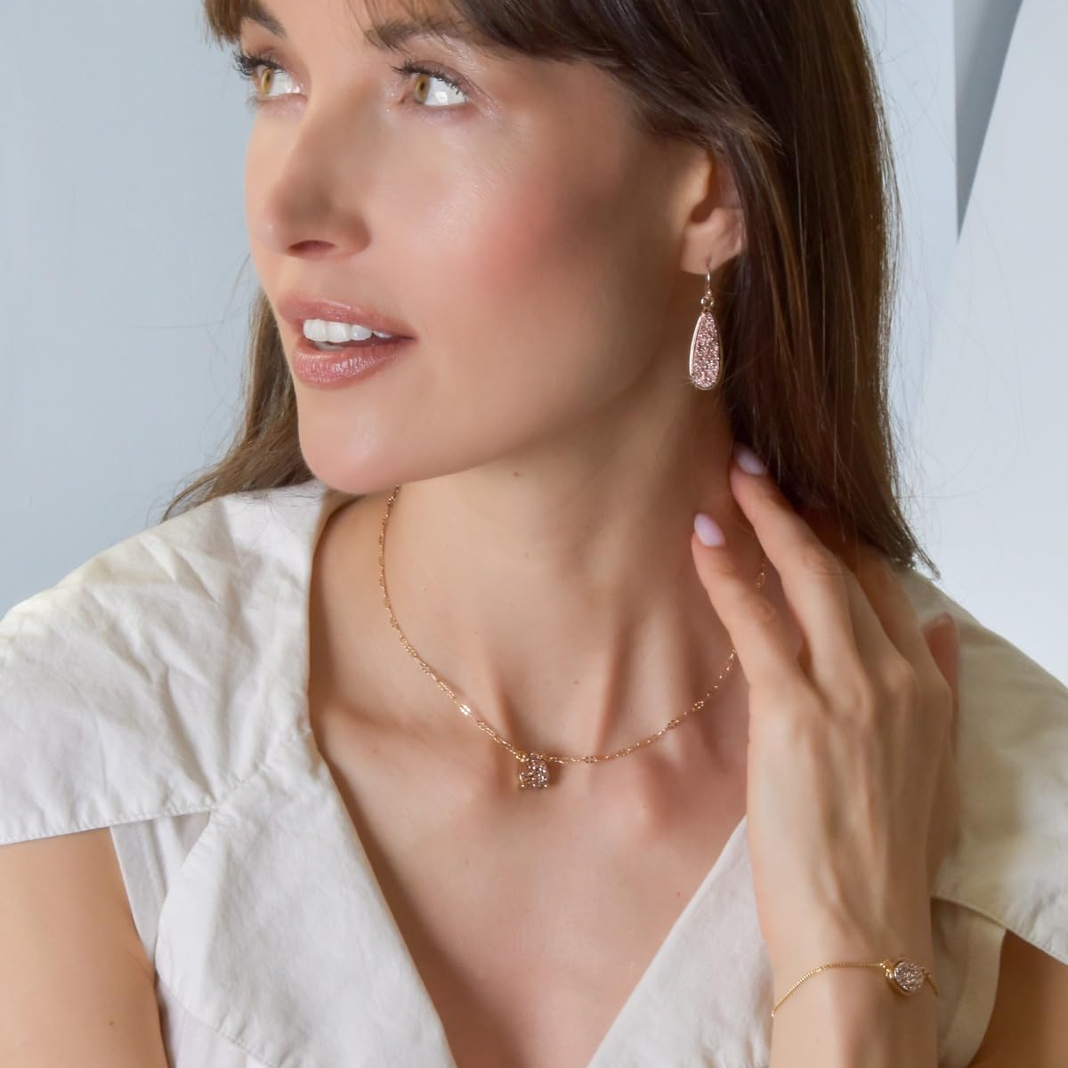 Rose Gold Tone Dangle Earrings for Women - Boho Rose Gold Tone Earrings Dangle, Simulated Druzy Dangly Teardrop Hanging Bohemian Drops, Sparkly Long Tear Drop Dangling Bridal and Bridesmaid Jewelry